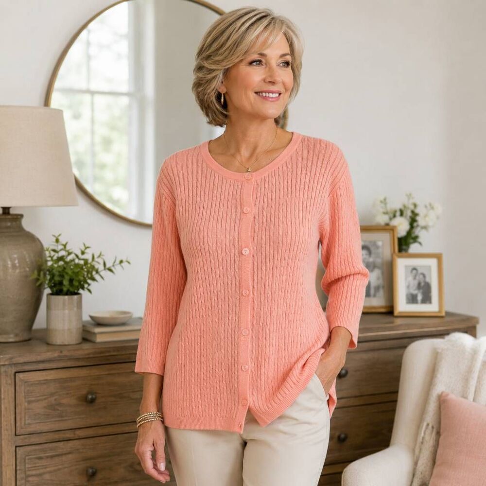 Jeanne Pierre Cable Knit Button Front Cotton Cardigan Sweater Peach Medium
